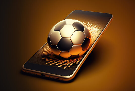 Smartphone With Golden Football For Sport Online Betting Application And Live Sport Streaming Concept , Generative AI