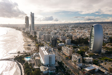 Aerial Limassol cityscape after rain at sunset