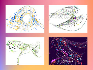 Multi-colored dust particles and debris, paint splashes, strokes are carried by the wind. Murmuration. Set of 4 design templates for the design of banners, posters. EPS 10