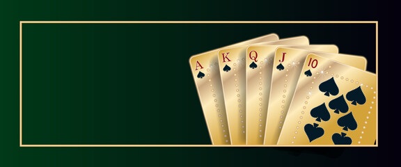 Royal flush in spades on dark green background. Vector illustration for online casino, gambling poker game - obrazy, fototapety, plakaty