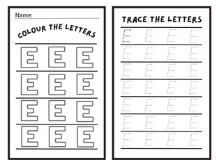 Alphabet letters tracing worksheet with alphabet letter E. Basic writing practice for kindergarten kids worksheet ready to print vector illustration