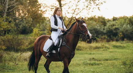 Young beautiful blonde woman jockey rides a brown horse in a meadow at sunset in summer. Preparing for an equestrian competition.