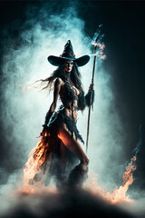 Obraz premium Seductive sexy witch wearing gothic dress with broom and flames. Designed using generative ai