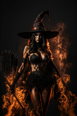 Fototapeta premium Seductive sexy witch wearing gothic dress with broom and flames. Designed using generative ai