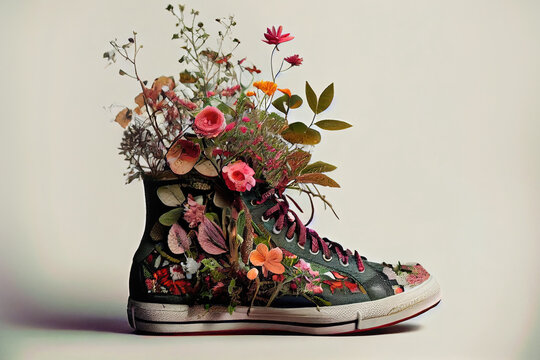 Modern sneakers filled with beautiful flowers.
Digitally generated AI image. 