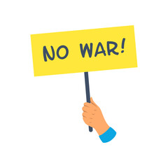 Hand holding no war sign vector illustration. Cartoon drawing of patriot with placard or anti-war element isolated on white background. War, military, peace, support concept