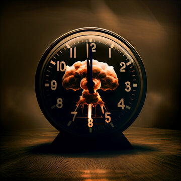 Doomsday clock showing 90 seconds to midnight against nuclear war background. Generating Ai
