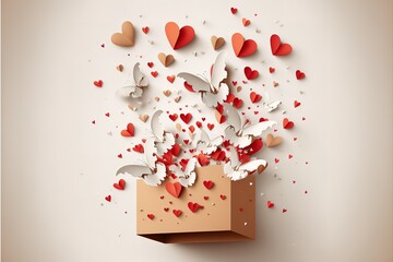 Valentine's Day postcard with paper flying elements and gift box on white sky background. Romantic poster. Vector symbols of love in shape of heart for greeting card design. Generative AI