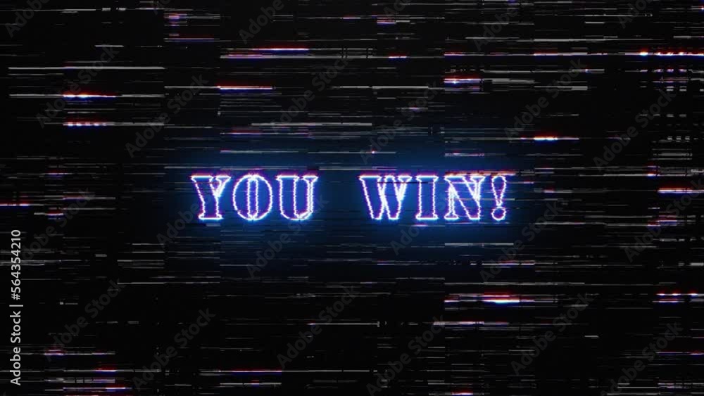 Poster you win glitch neon blue text effect with silver flash flickering light loop cinematic title animati