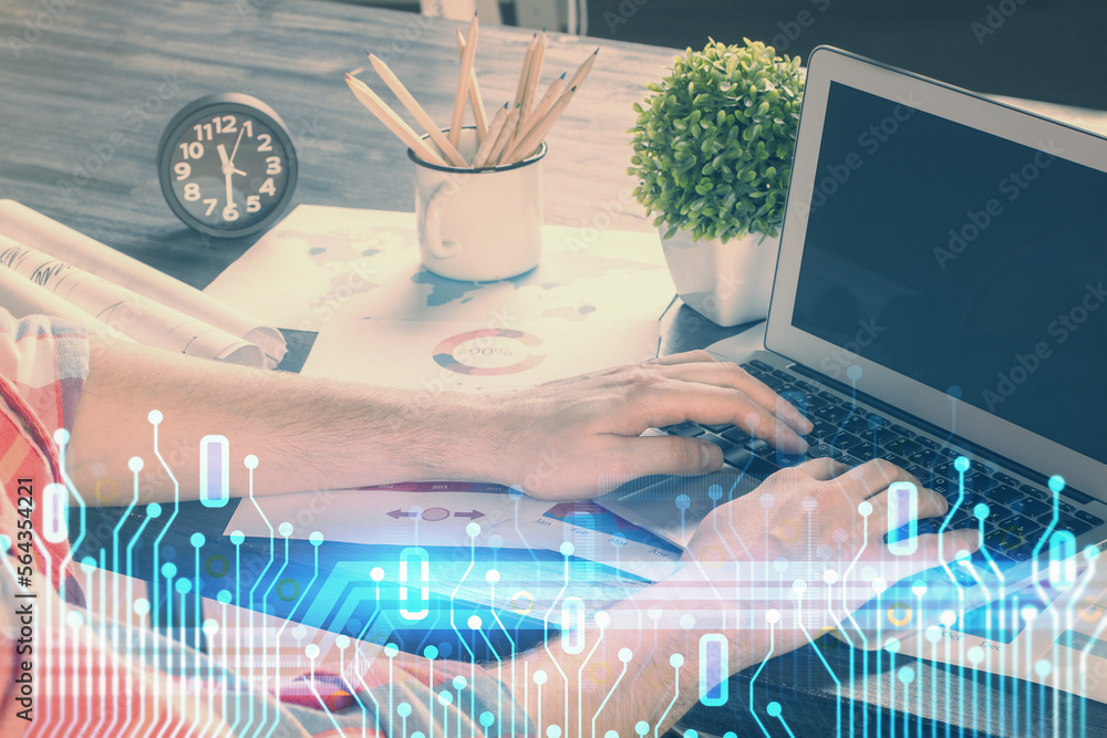 Poster Double exposure of technology hologram with man working on computer background. Concept of big data.