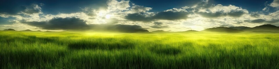 Fototapeta premium panoramic image of a grassy field outdoors on a sunny afternoon day during the summer season. Generative AI image