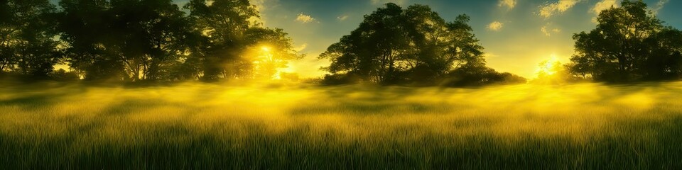 Obraz premium panoramic image of a grassy field outdoors on a sunny afternoon day during the summer season. Generative AI image