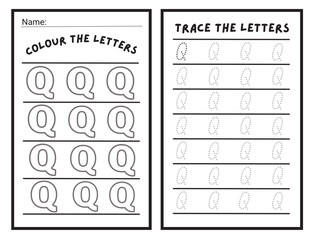 Alphabet letters tracing worksheet with alphabet letter Q. Basic writing practice for kindergarten kids worksheet ready to print vector illustration