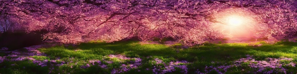 Naklejka na ściany i meble panoramic image of bright and beautiful pink cherry blossoms in bloom during the spring season. Seasonal image by generative AI
