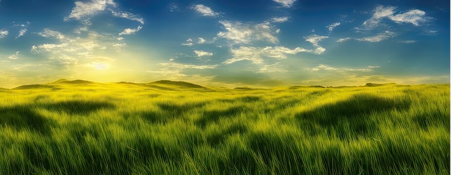 panoramic image of a grassy field outdoors on a sunny afternoon day during the summer season. Generative AI image