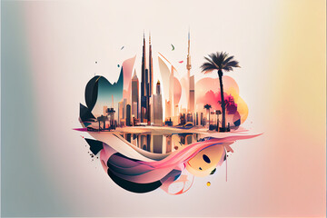 Poster, abstract watercolor illustration of landmarks, skyscrapers of Dubai, double exposure. AI generated.