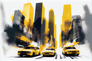 Poster, abstract watercolor illustration of New York landmarks and skyscrapers, double exposure. AI generated.