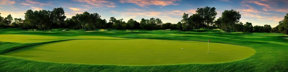 A sunny afternoon on the golf course - panoramic extra wide view of a gorgeous, well-maintained green golf course on a bright sunny day by generative AI - obrazy, fototapety, plakaty