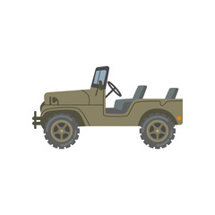 Military open jeep vector illustration. Cartoon drawing of heavy vehicle for armed forces isolated on white background. War, army, transportation, technology concept - obrazy, fototapety, plakaty