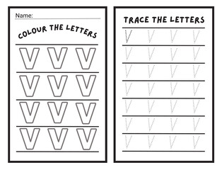 Alphabet letters tracing worksheet with alphabet letter V. Basic writing practice for kindergarten kids worksheet ready to print vector illustration