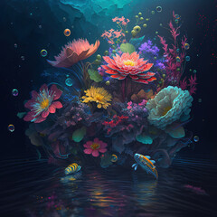 Fototapeta na wymiar a bunch of flowers that are in the water, plant, underwater, spring, art illustration