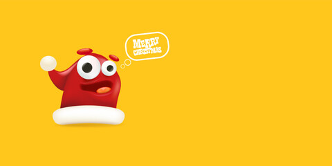 Obraz premium Vector cartoon happy Santa Claus red hat character with eyes and mouth isolated on orange Christmas background. Merry Christmas greeting card, poster and horizontal banner with funny Santa Claus hat