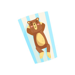 Funny cartoon character bear sunbathing on towel isolated on white background. Cute comic animal relaxing on beach vector illustration. Summer, holiday, wildlife concept