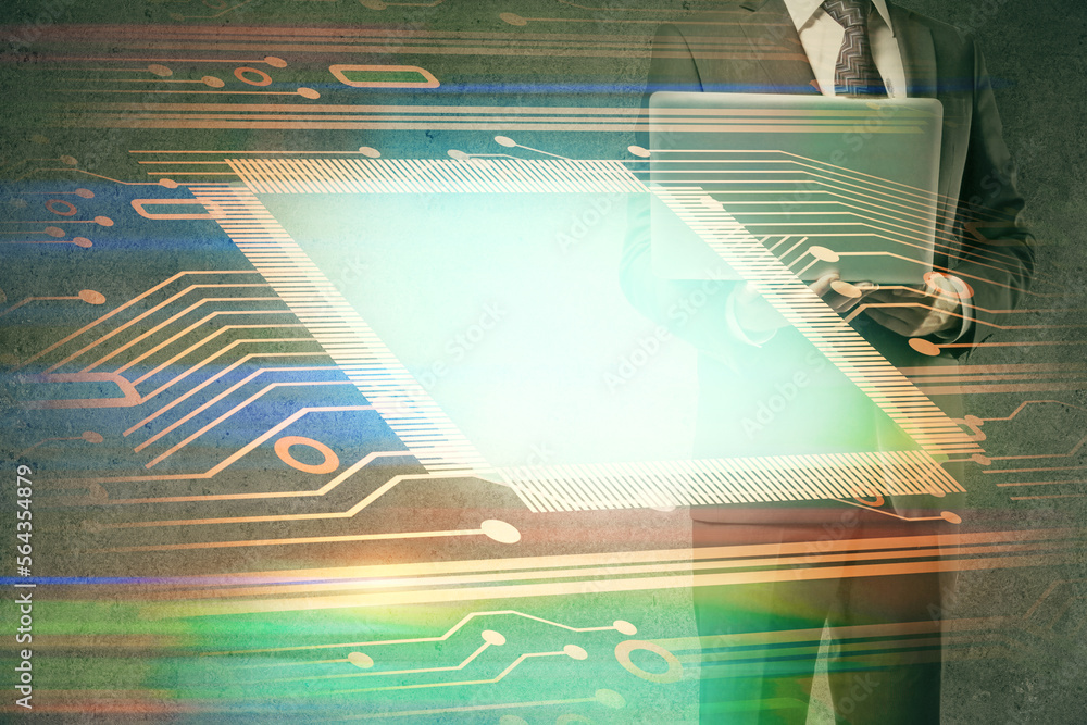Poster Double exposure of data internet theme hologram with man working on computer on background. Concept of innovation.