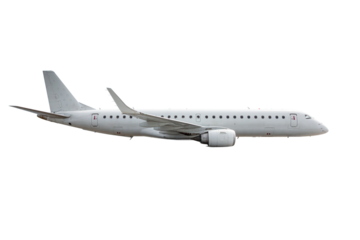 White passenger airplane flying isolated on transparent background