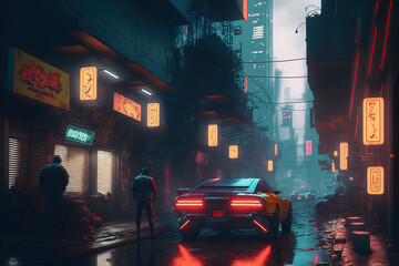 Neon Nightscape, bustling cyberpunk metropolis alive with activity, soaring skyscrapers and holographic billboards. A high-tech city creating a surreal, otherworldly atmosphere.