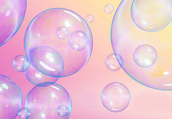 Soap bubbles on a pink orange gradient background.3D illustration.