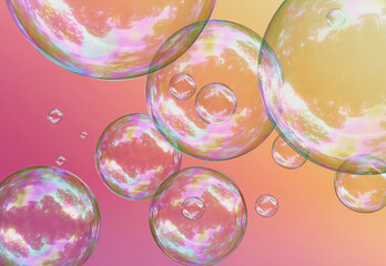 Colorful soap bubbles on a gradient orange-pink background. 3D template design 