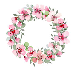 Watercolor sakura flowers wreath. Spring cherry blossom hand painted illustration for greeting card and wedding invitations