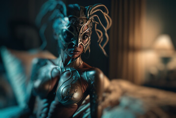 Fototapeta na wymiar A Fantasy secret fabuloussexy woman , forest and sea nymph with masquerade mask and lies on bed at luxury hotel Valentines day,generative ai.