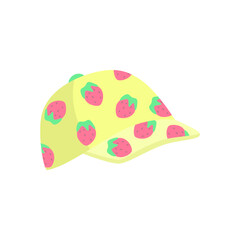 Yellow hat with strawberries for children vector illustration. Cartoon drawing of colorful accessory for babies or kids isolated on white background. Summer, fashion, childhood concept