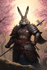 Plakat Samurai bunny warrior on sakura tree background. Generative AI