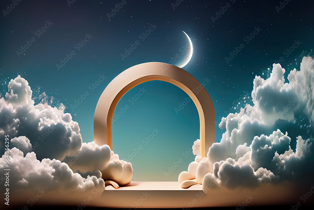 Wall mural 3d illustration. Wedding arch in the clouds. gate to heaven against the backdrop of the night sky with the moon. Generative AI