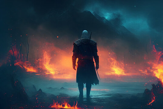 A warrior or witcher standing in front of wildfire forest landscape background, fantasy surreal concept, Generative Ai