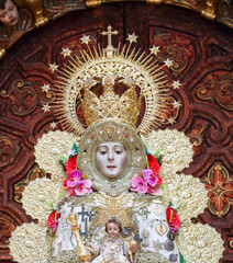 Image of the Virgen del Rocio, inside of the Ermita del Rocio, Image of the Virgin of El Rocío, hermitage in Almonte, in Huelva, Spain