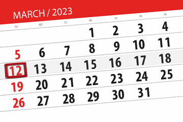 Calendar 2023, deadline, day, month, page, organizer, date, march, sunday, number 12