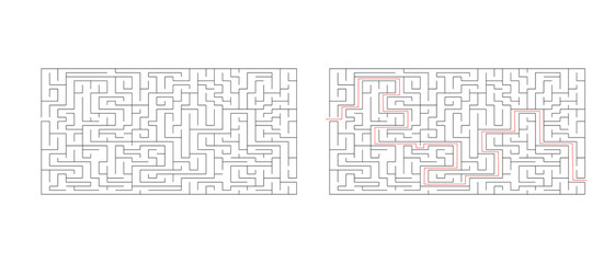 Labyrinth maze game vector illustration with solution. Find right way, simple logic game. Puzzle for kids.