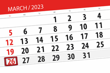 Calendar 2023, deadline, day, month, page, organizer, date, march, sunday, number 26