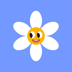 Excited white chamomile character looking away on blue background. Daisy with cute face cartoon illustration. Flowers, greeting concept