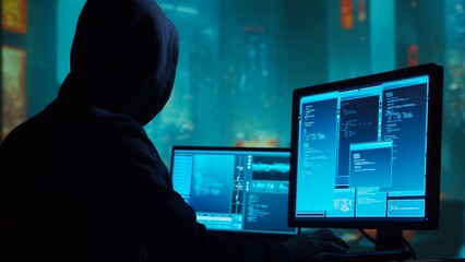 Computer Hacker in Hoodie. Obscured Dark Face. Concept of Hacker Attack, Virus Infected Software, Dark Web and Cyber Security.