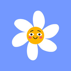 Happy cute white chamomile character smiling on blue background. Daisy with cute face cartoon illustration. Flowers, greeting concept