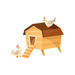 Cute comic hens and chicken coop vector illustration. Cartoon drawing of rooster or domestic bird character near wooden henhouse or building isolated on white background. Animals, farming concept