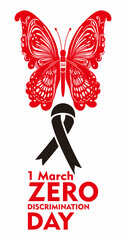 Zero Discrimination Day 1 March.  Poster with butterfly in linocut. Suitable for Greeting Card, Poster and Banner. Vector stock illustration isolated on white background.