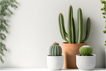 Small cacti with a white wall background photography made with Generative AI technology