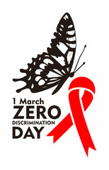 Zero Discrimination Day 1 March. Suitable for Greeting Card, Poster and Banner. Poster with butterfly in linocut. Vector stock illustration isolated on white background.