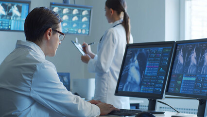 Obraz premium Professional medical doctors are maksing computer research in hospital office. Medicine, healthcare and cardiology concepts.